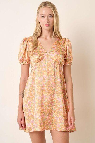 Mittoshop Printed V-Neck Puff Sleeve Mini Dress Sherbet