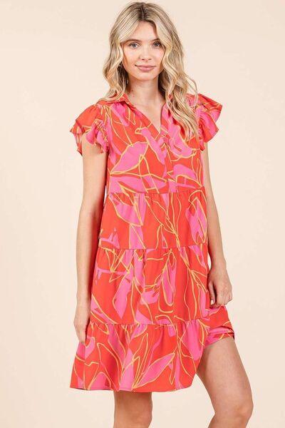 Mittoshop Leaf Print Ruffle Sleeve Tiered Mini Dress