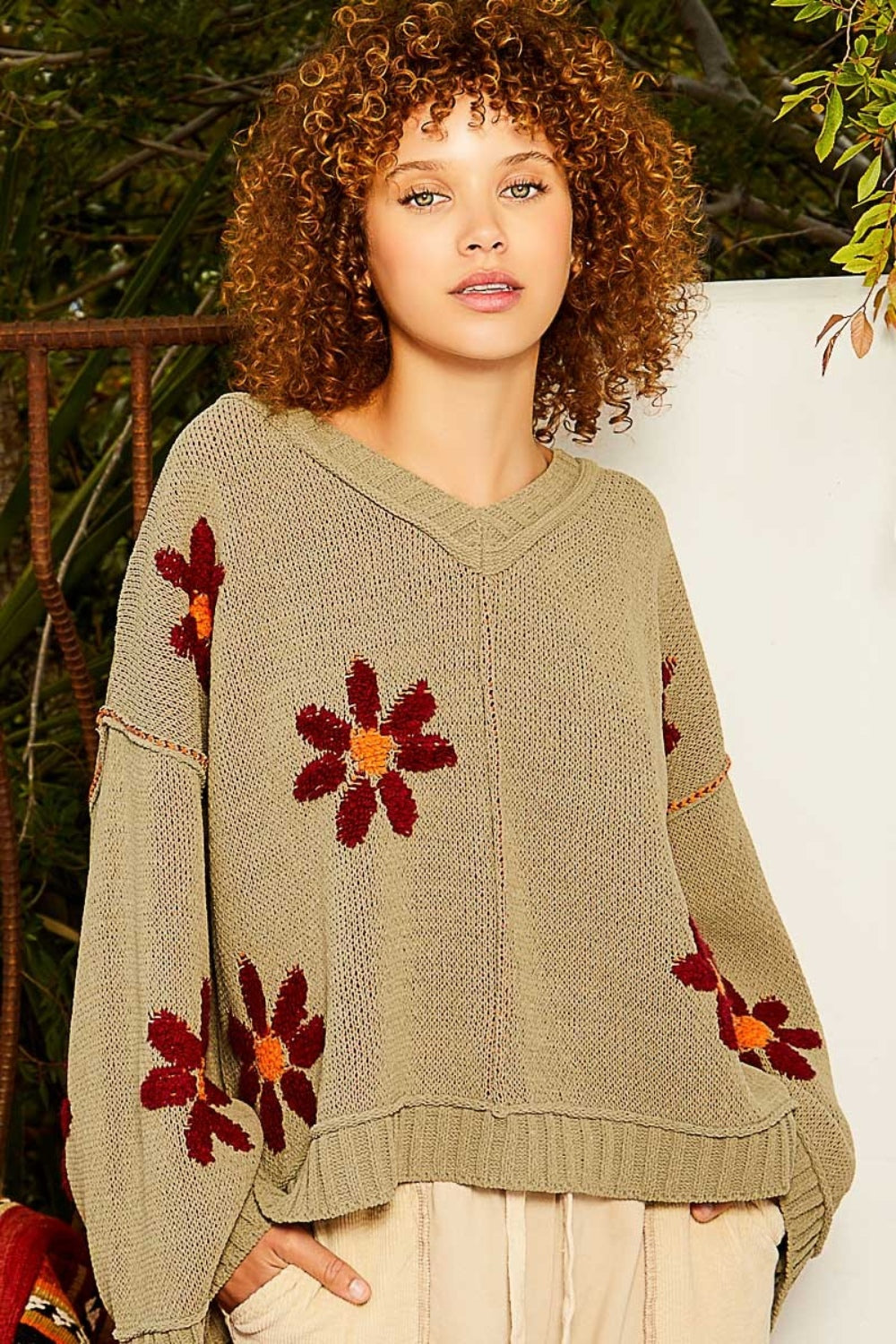 POL V-Neck Floral Pattern Chenille Sweater Olive