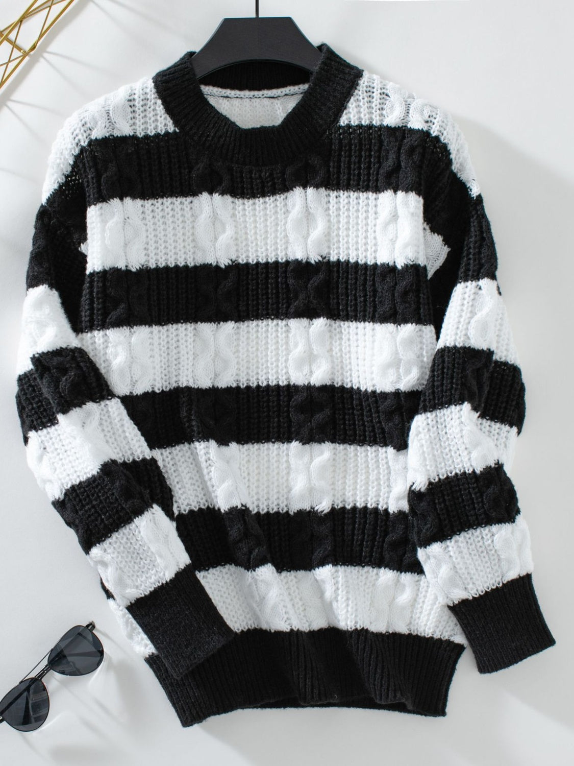 Striped Round Neck Long Sleeve Sweater Black