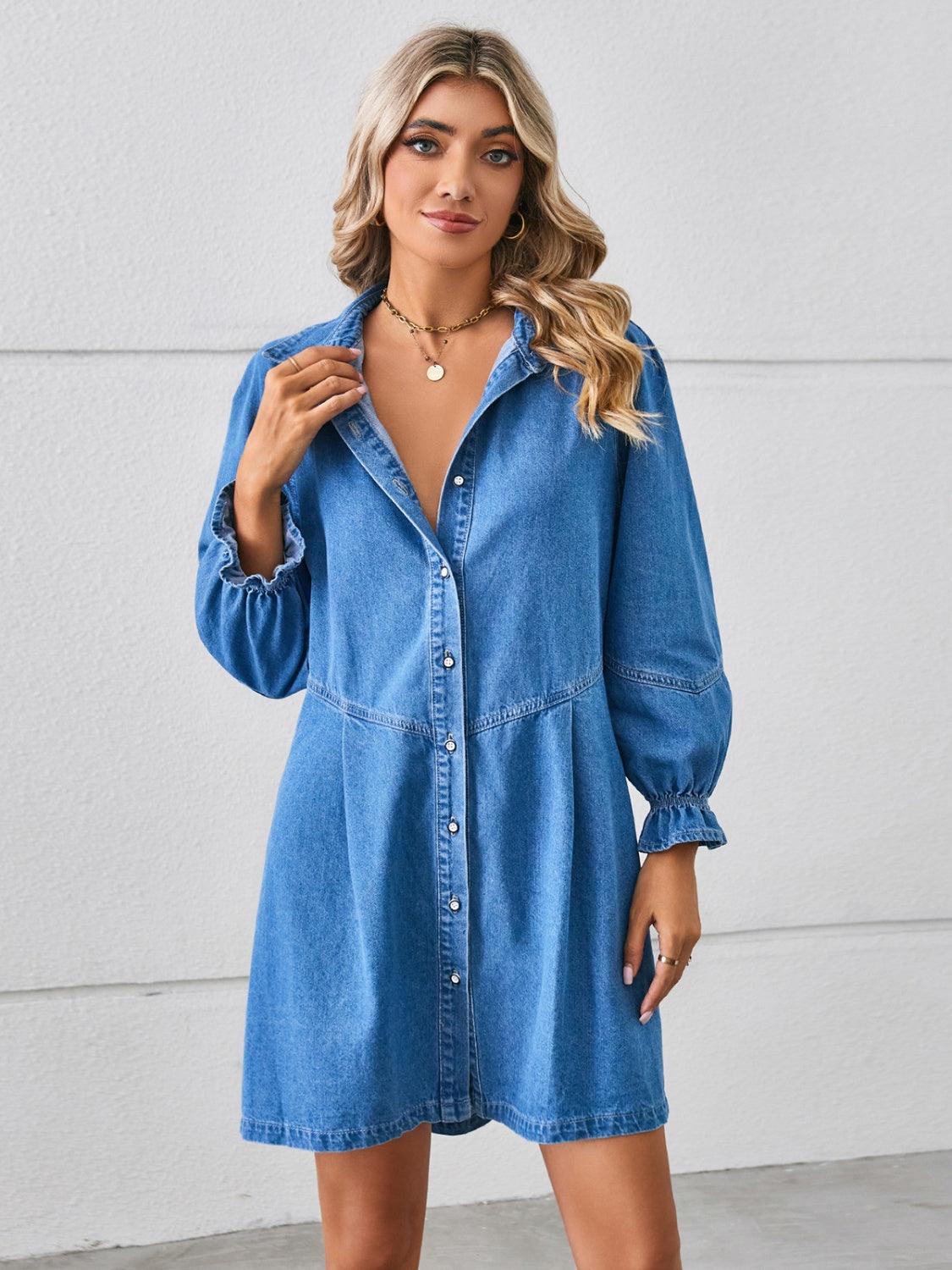 Button Up Flounce Sleeve Mini Denim Dress Dusty Blue