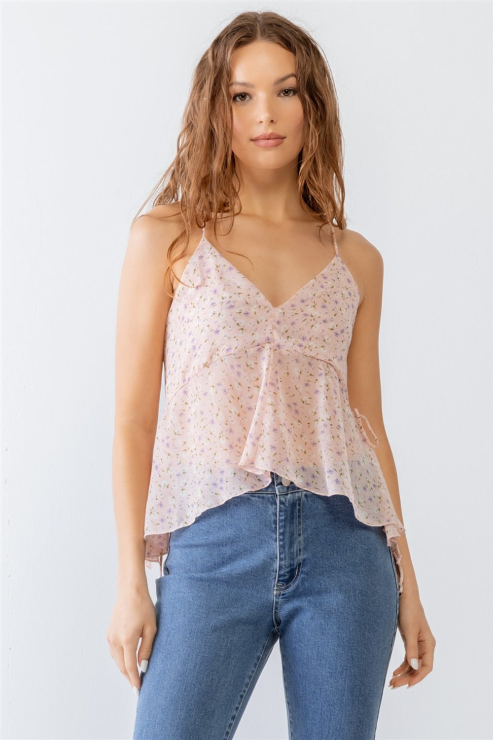 Miss Love / Kevin Co. Floral Print V-Neck Criss-Cross Back Flare Cami Pink