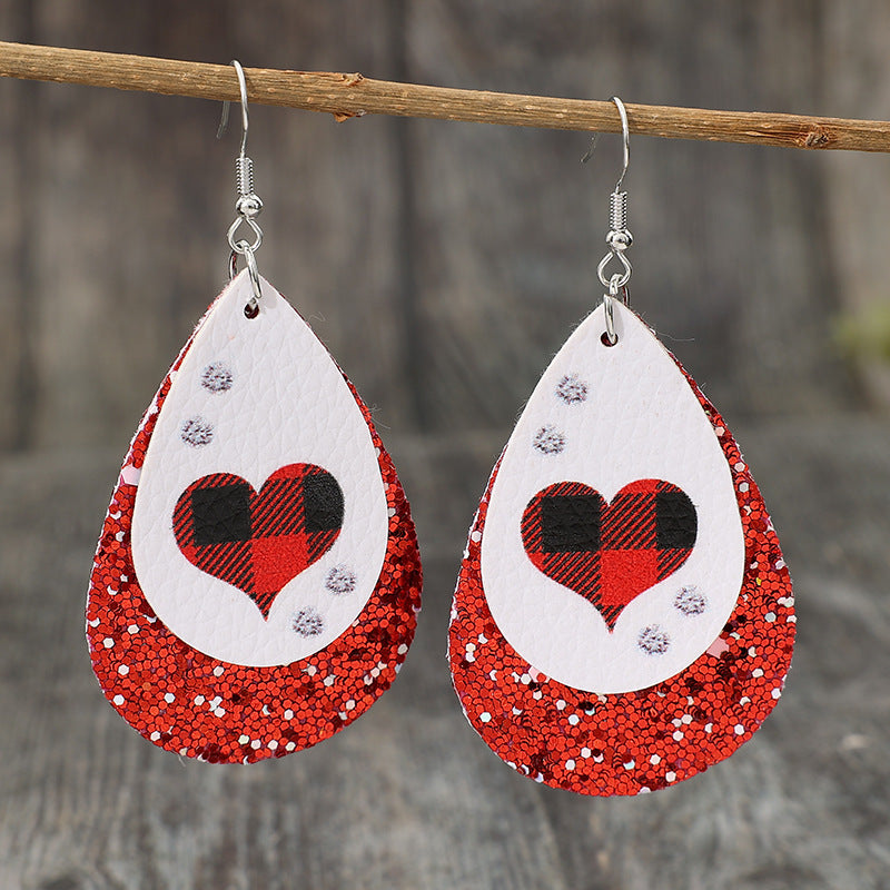 Heart Sequin Leather Teardrop Earrings