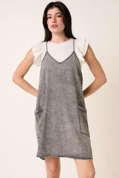 Mittoshop Washed Patch Pocket Mini Cami Denim Dress Gray