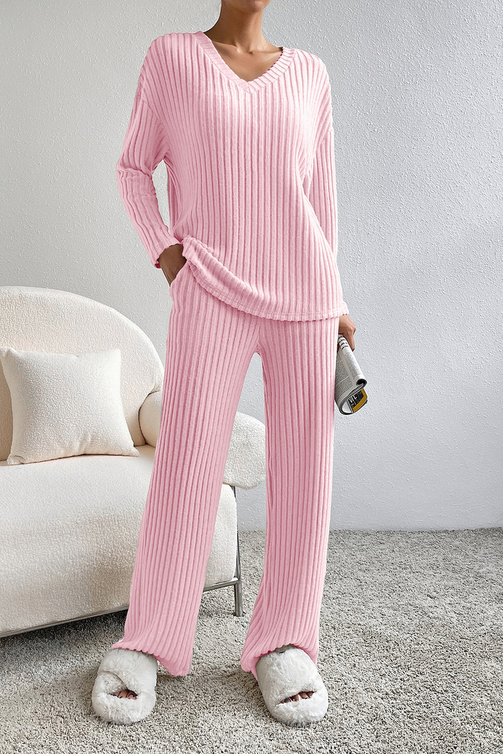 Ribbed V-Neck Top and Pants Lounge Set Carnation Pink