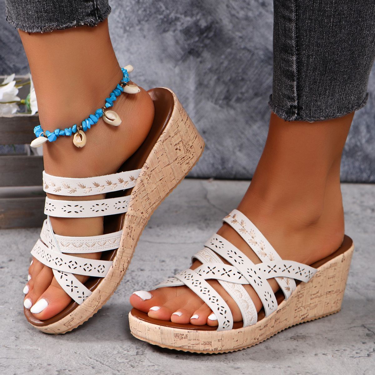 PU Leather Crisscross Wedge Sandals White