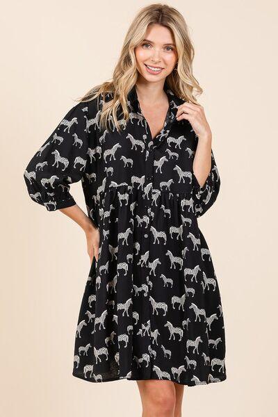 Mittoshop Zebra Print Button Down Shirt Mini Dress Black