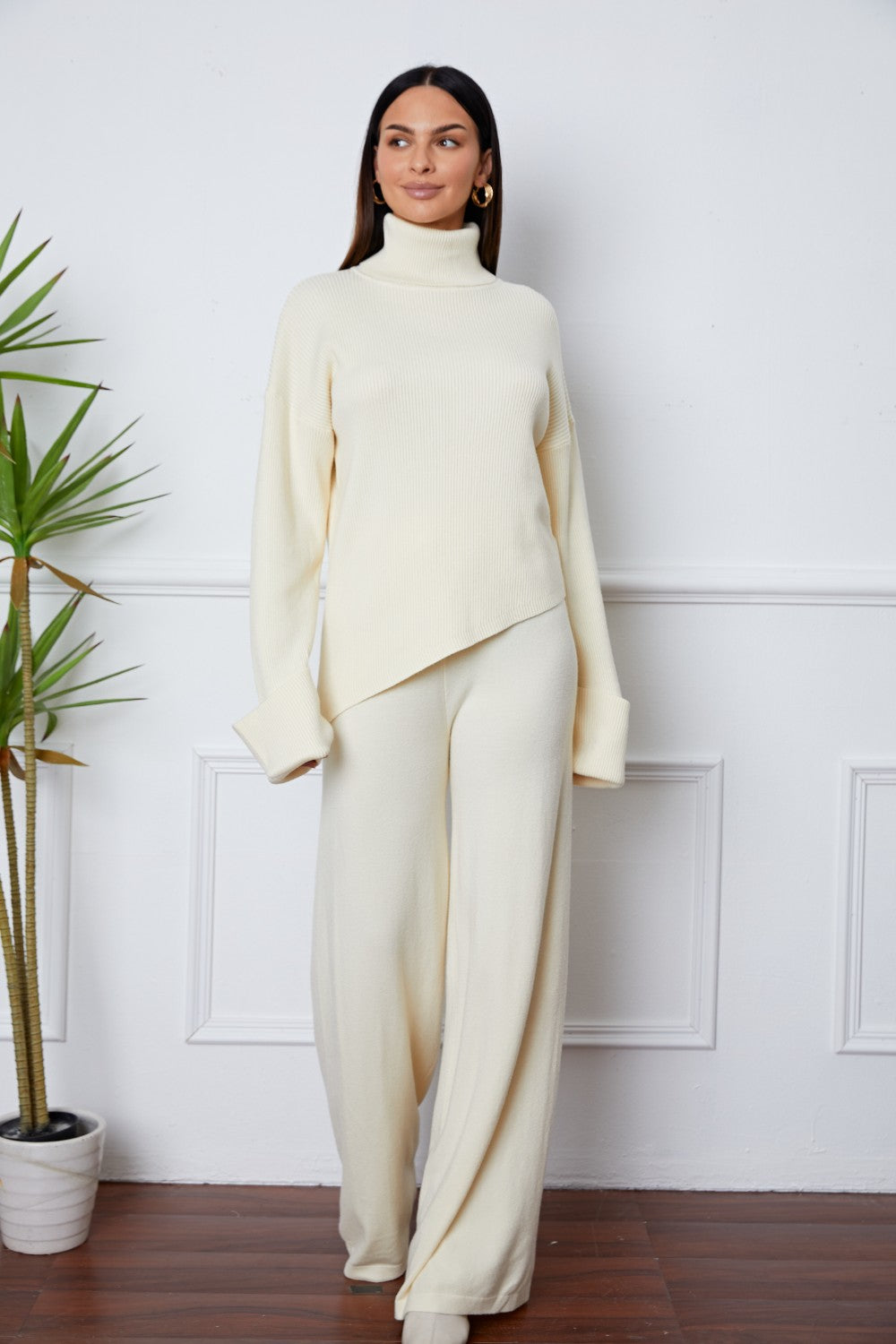 Turtleneck Dropped Shoulder Top and Pants Sweater Set Ivory One Size