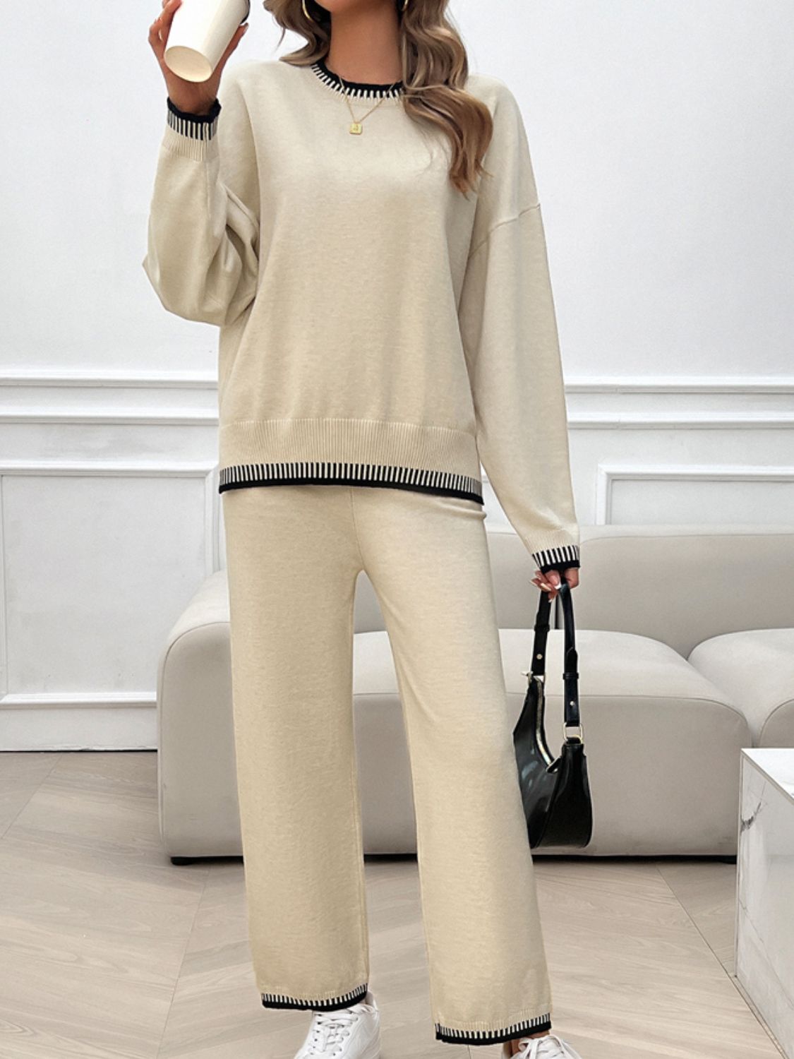 Devine Round Neck Dropped Shoulder Top and Pants Sweater Set Beige