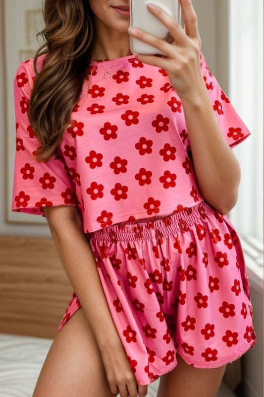 Flower Round Neck Top and Shorts Lounge Set Hot Pink