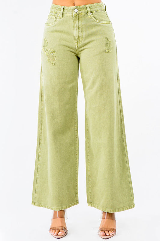 American Bazi High Waist Distressed Wide Leg Jeans Yellow-Green