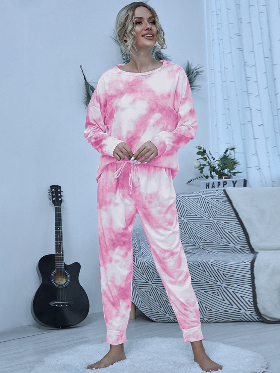 Tie-Dye Round Neck Top and Pants Lounge Set Blush Pink