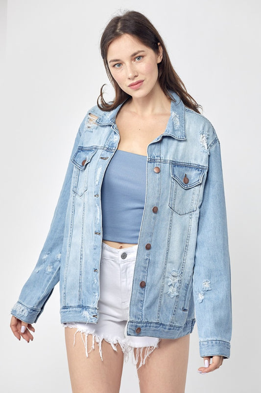 RISEN Full Size Distressed Long Sleeve Denim Jacket Light