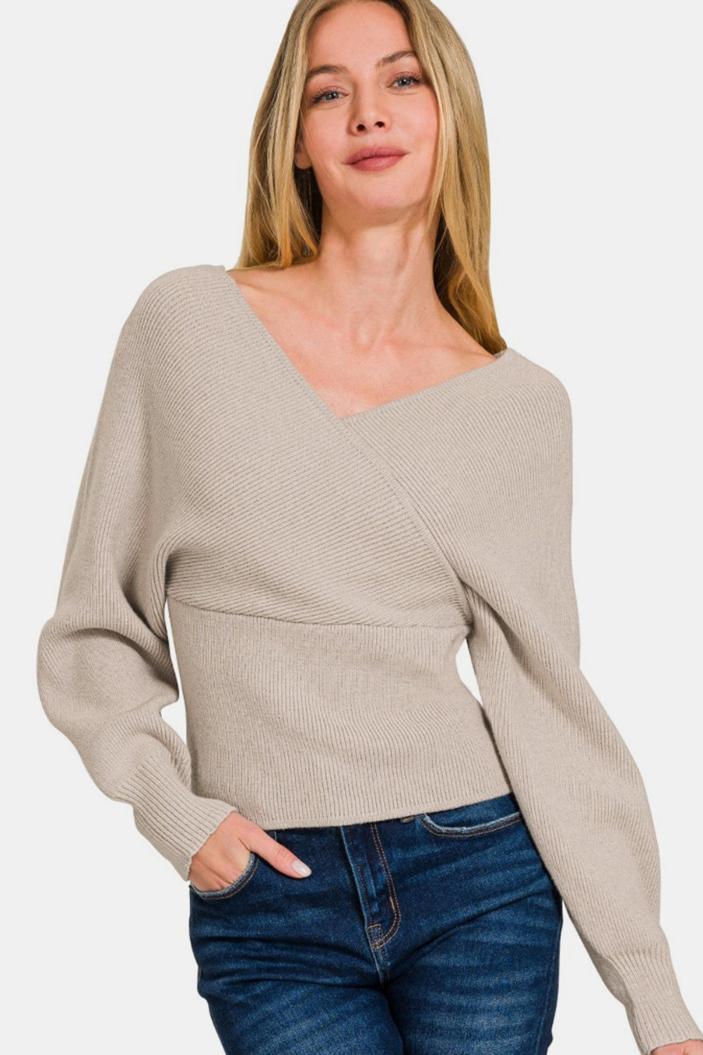 Zenana Cross Wrap Rib Long Sleeve Sweater H Mocha