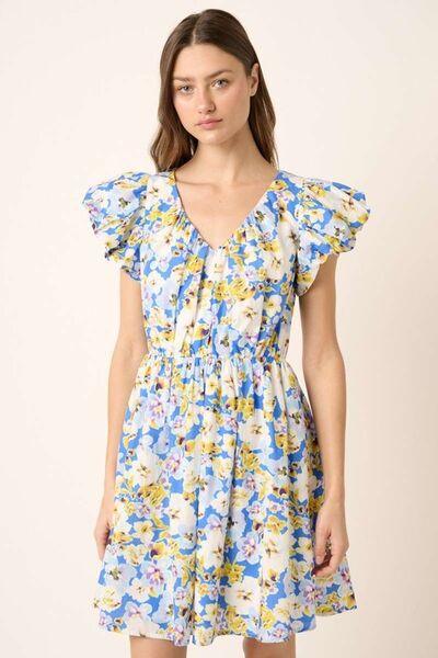 Mittoshop Floral V-Neck Cap Sleeve Mini Dress Blue