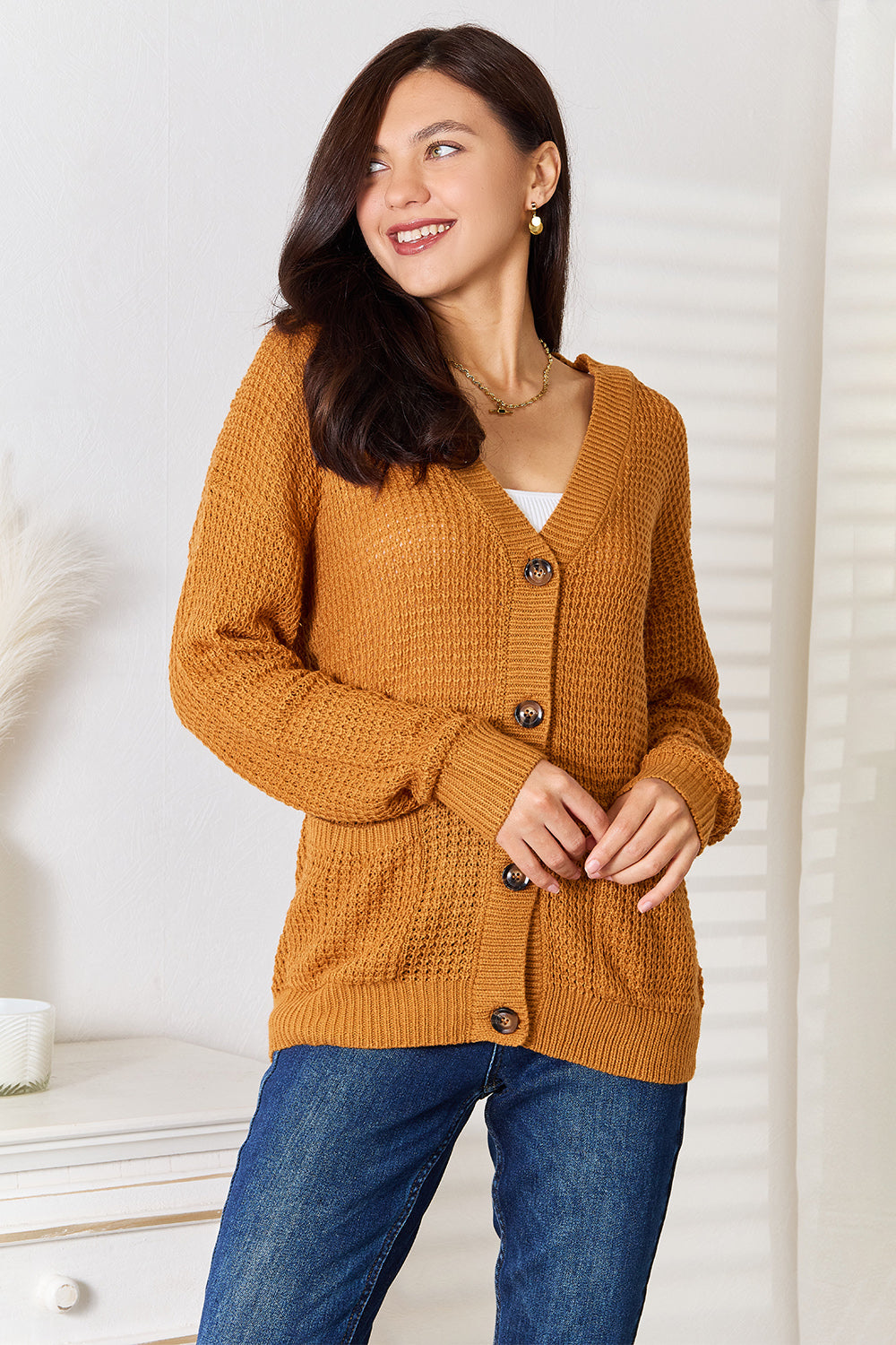 Double Take Drop Shoulder Button Down Cardigan with Pockets