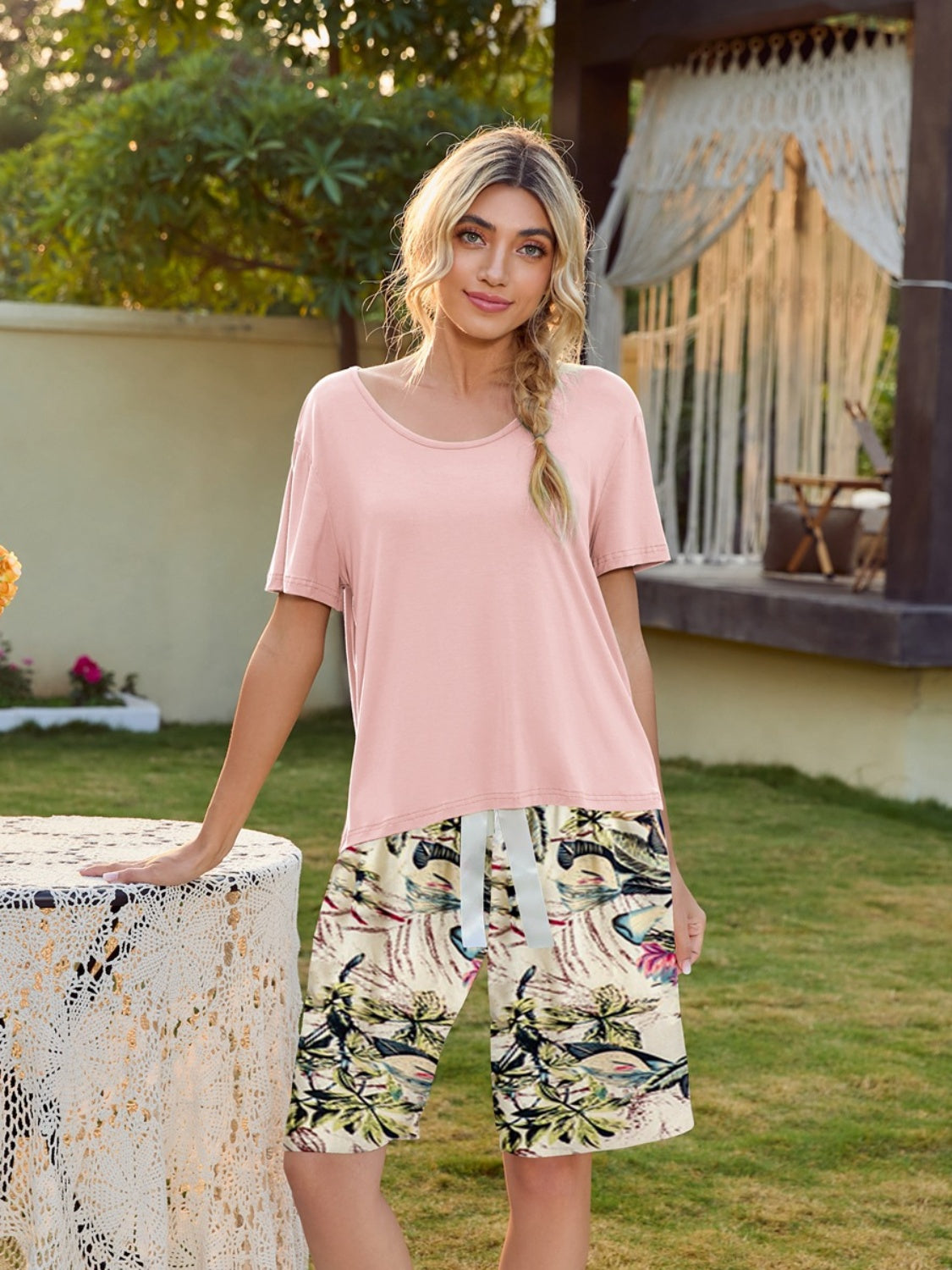 Short Sleeve Top and Printed Shorts Lounge Set Blush Pink