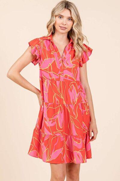 Mittoshop Leaf Print Ruffle Sleeve Tiered Mini Dress