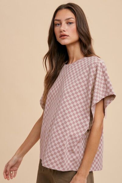 Annie Wear Checkered Round Neck Short Sleeve T-Shirt Dusty Pink