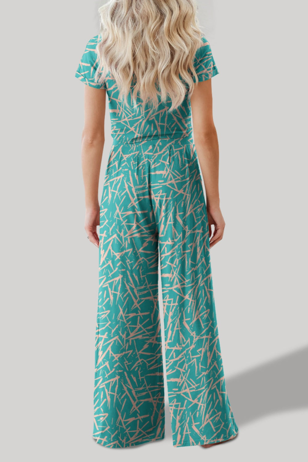 Printed Round Neck Short Sleeve Top and Pants Set