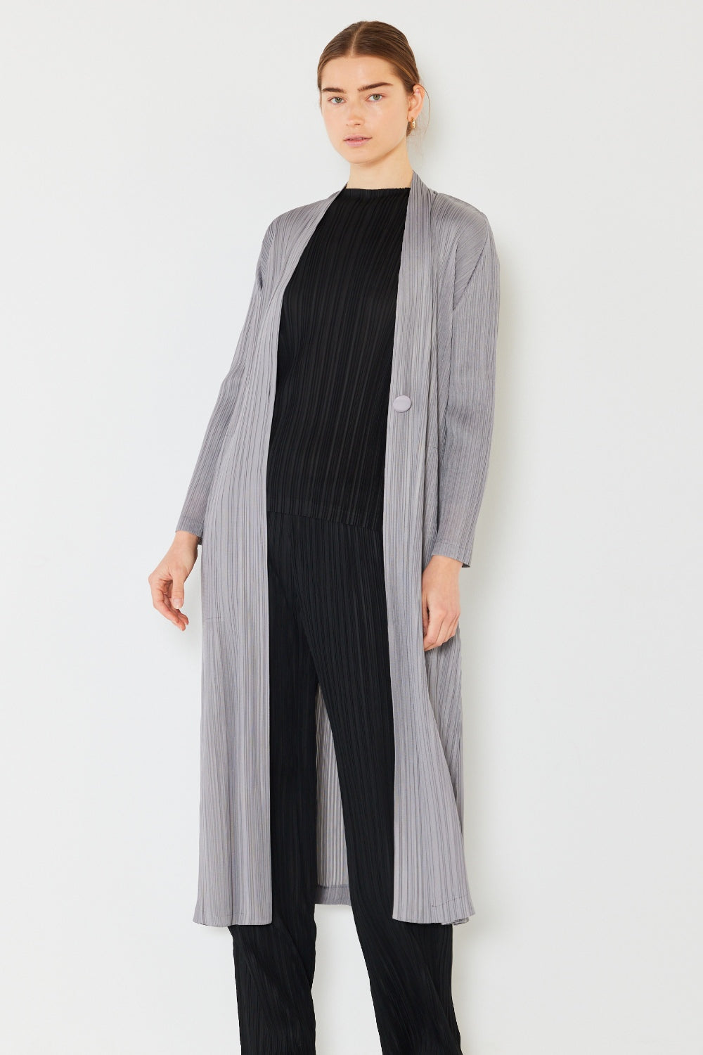 Marina West Swim Pleated Long Sleeve Cardigan Gray