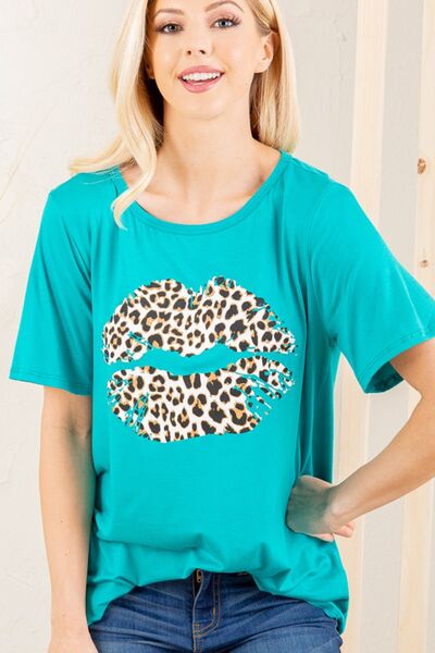 Heimish Full Size Leopard Lip Round Neck Short Sleeve T-Shirt Plus Size Cerulean