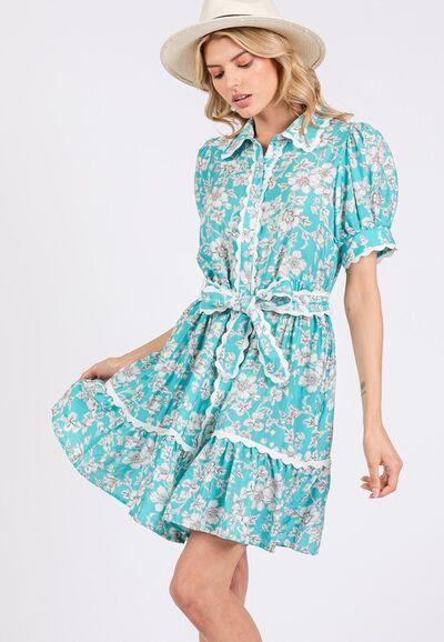 SAGE+FIG Vintage Floral Scalloped Mini Shirt Dress