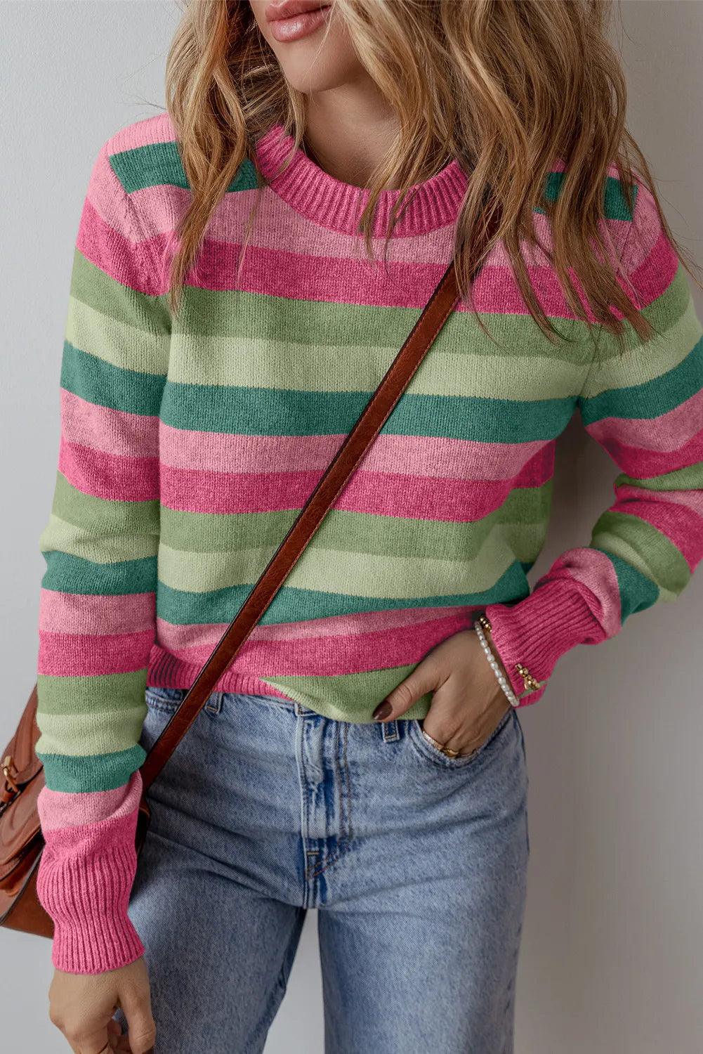 Striped Round Neck Long Sleeve Sweater Gum Leaf