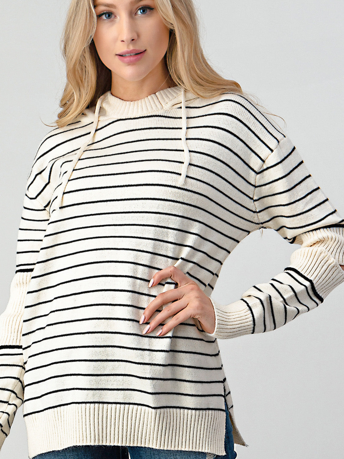 Shiny Striped Cutout Slit Sweater