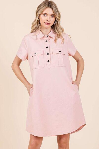 Mittoshop Button Detail Collared Neck Short Sleeve Shirt Dress Baby Pink