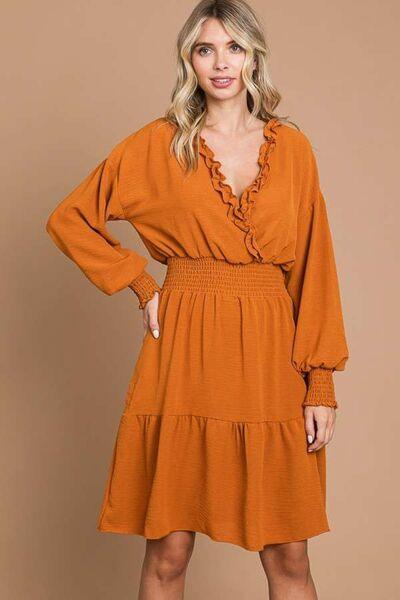 Culture Code Full Size Frill Smocked Lantern Sleeve Mini Dress GINGER