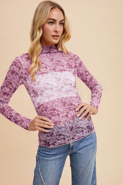 Annie Wear Floral Lettuce Hem Sheer Mesh Top Ivory Purple