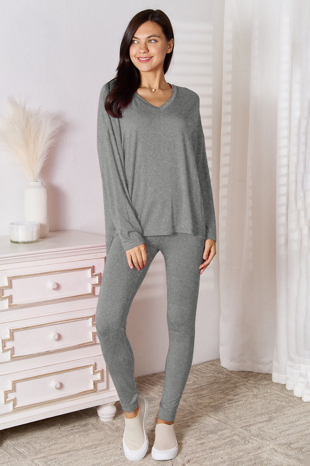 Basic Bae Bamboo Full Size V-Neck Long Sleeve Top and Pants Lounge Set Gray