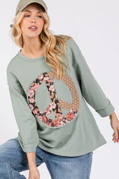 SAGE + FIG Floral Peace Patch Round Neck Top Sage