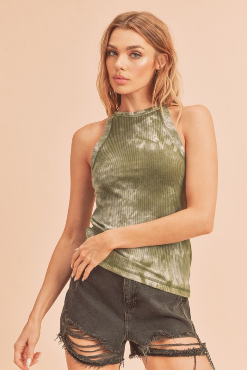 Aemi + Co Ribbed Tie-Dye Round Neck Tank Matcha Green