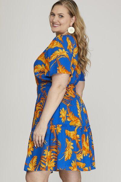 She + Sky Full Size Printed Notched Short Sleeve Frill Tiered Dress Plus Size