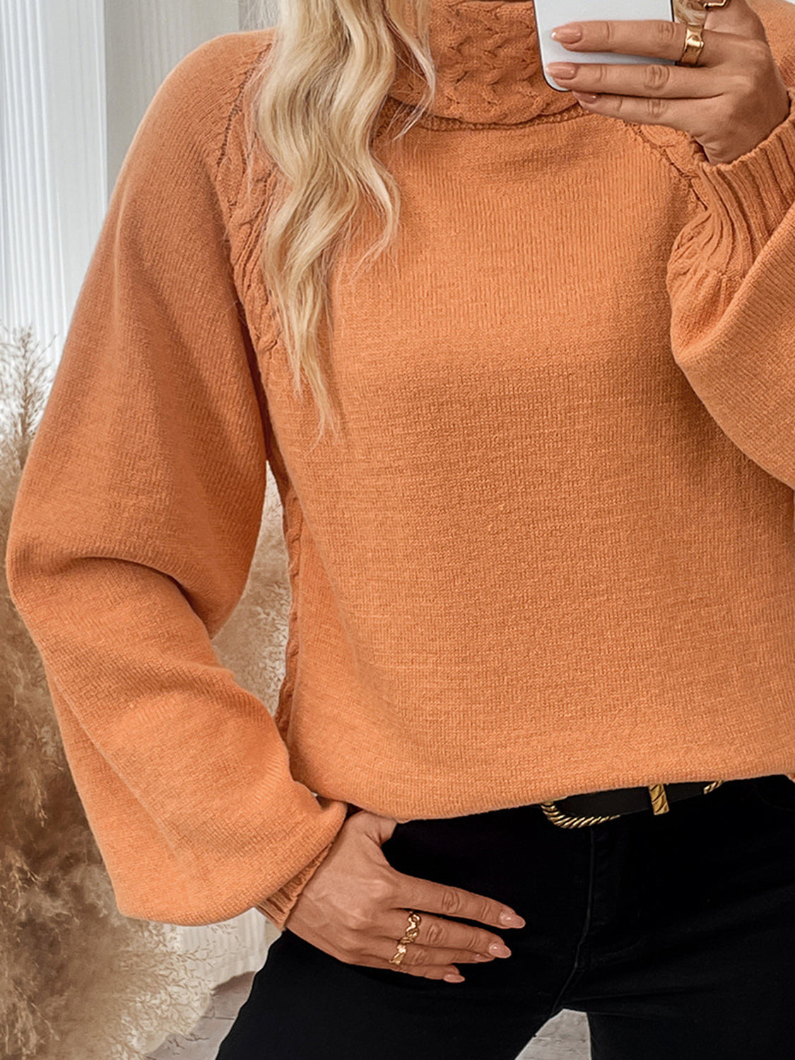 Cable-Knit Turtleneck Long Sleeve Sweater