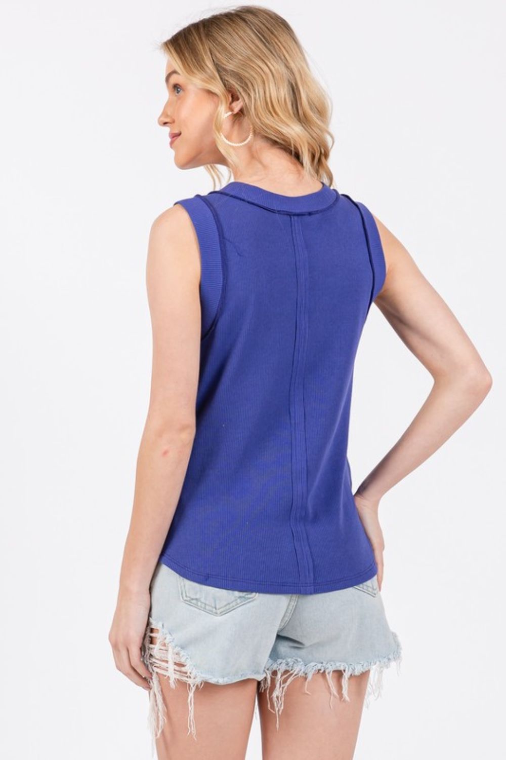 Ces Femme Stitch Detail Half Button Ribbed Tank