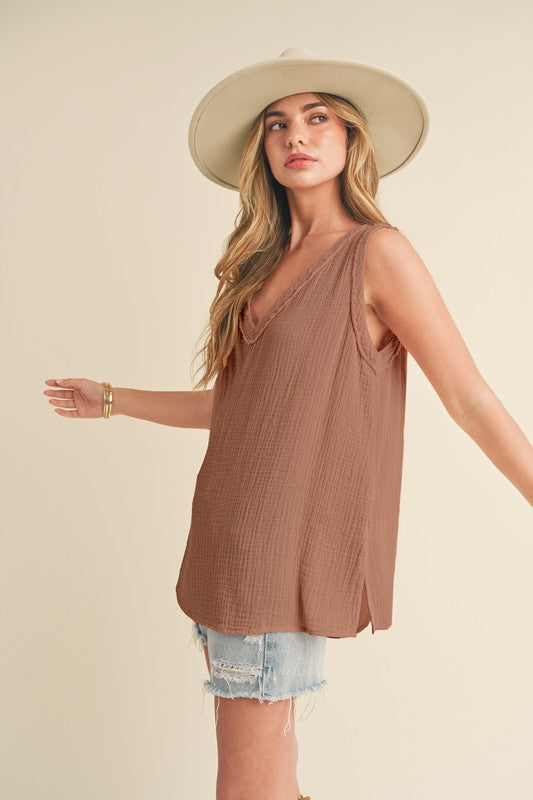 Aemi + Co V-Neck Wide Strap Tank Caramel