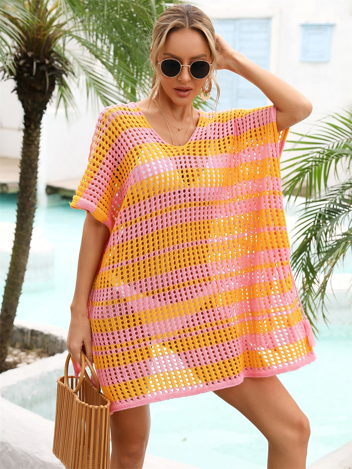 Tassel Openwork Striped V-Neck Cover Ups