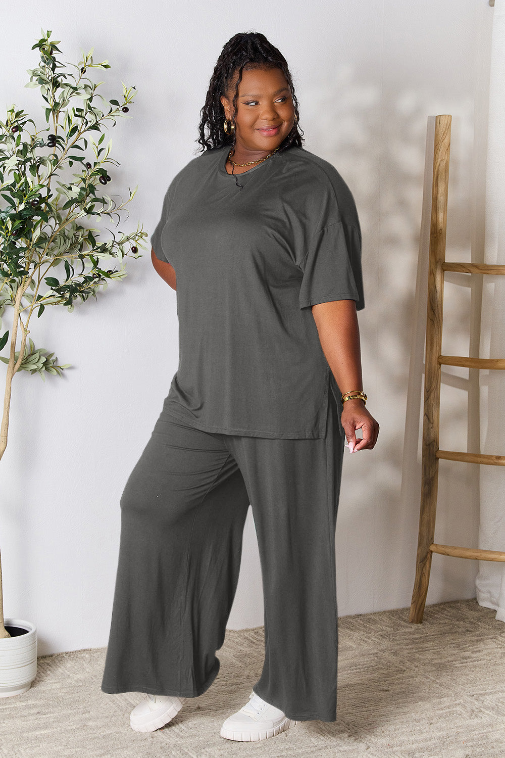 Double Take Full Size Round Neck Slit Top and Pants Set Dark Gray