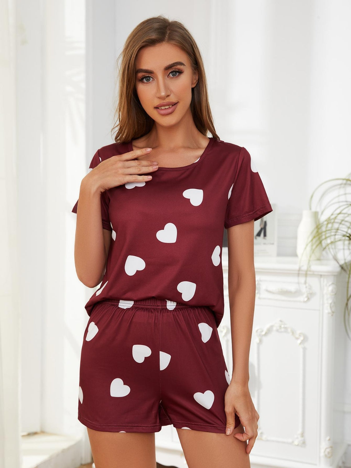 Heart Round Neck Top and Shorts Lounge Set front