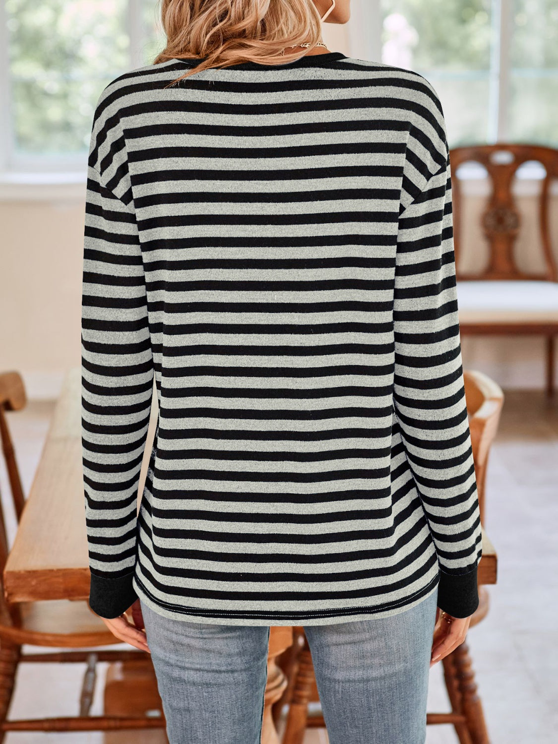 Lovelet Striped Round Neck Long Sleeve T-Shirt