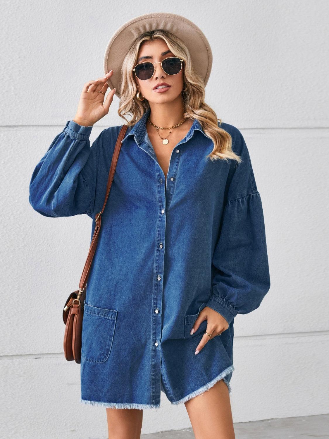 Button Up Pocketed Raw Hem Denim Dress Dark Blue