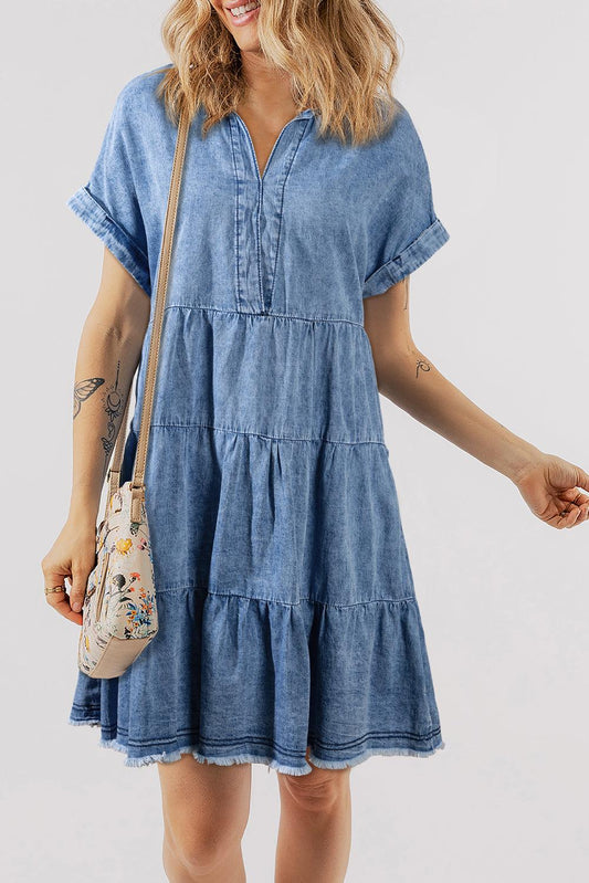 Raw Hem Collared Neck Short Sleeve Denim Dress Medium