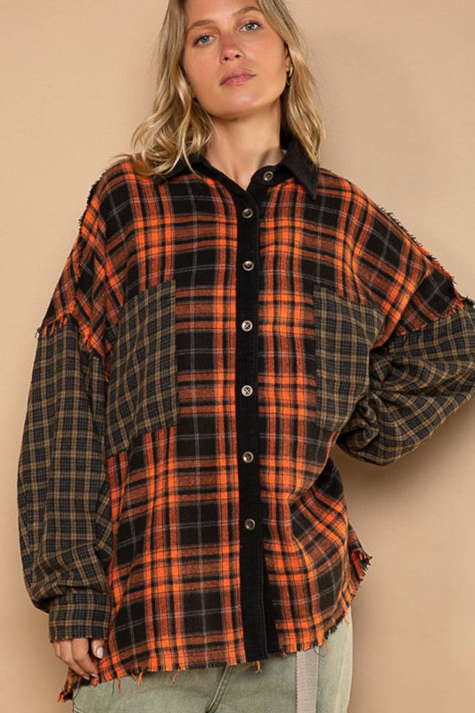 POL Plaid Contrast Long Sleeve Raw Hem Shacket with Chest Pockets Orange Multi