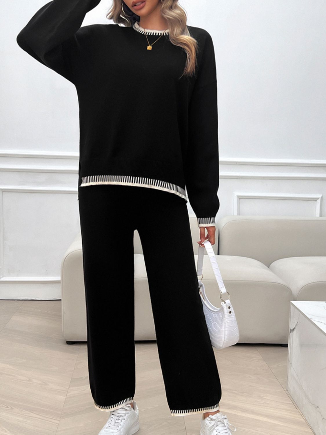 Devine Round Neck Dropped Shoulder Top and Pants Sweater Set Black