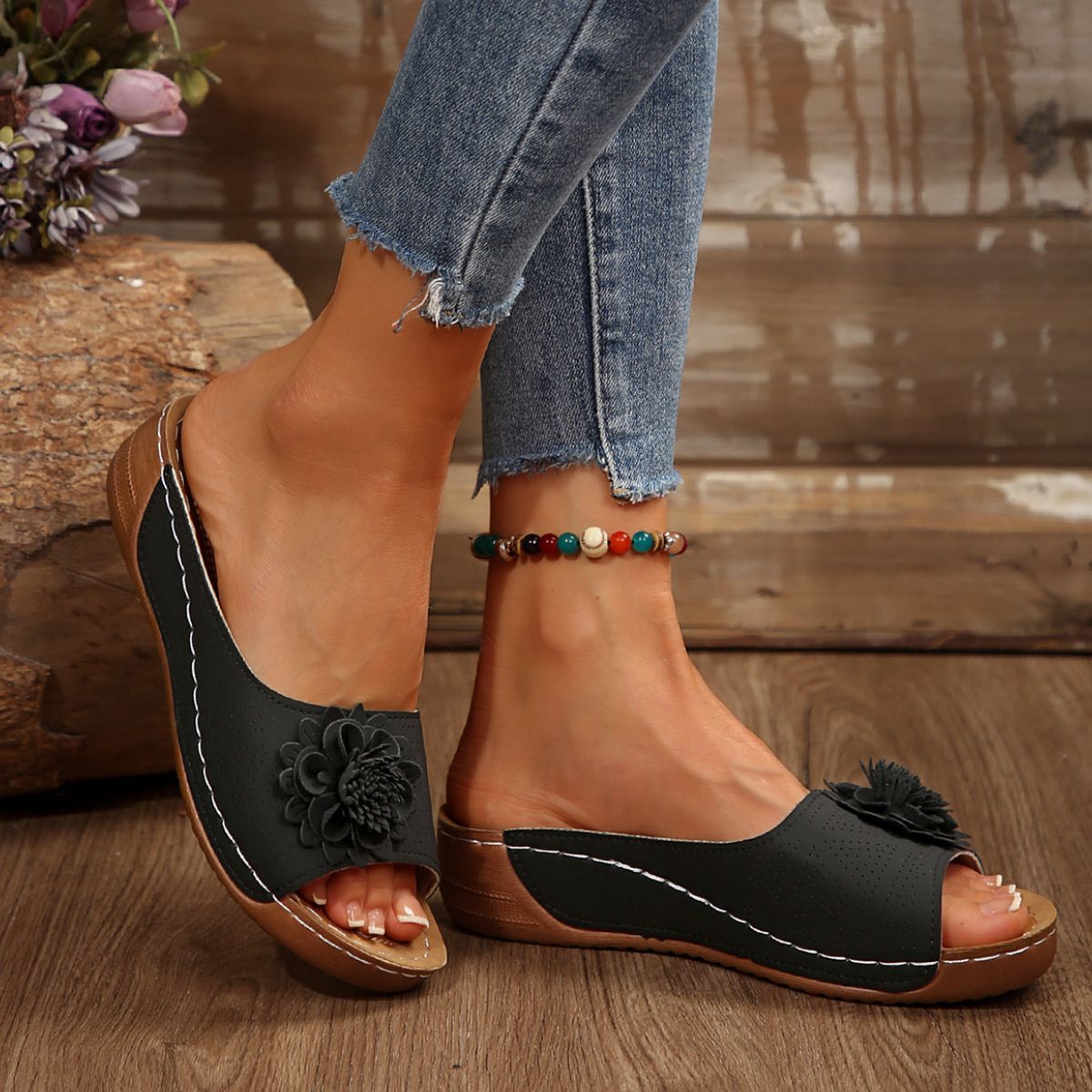 Open Toe Wedge Sandals Black