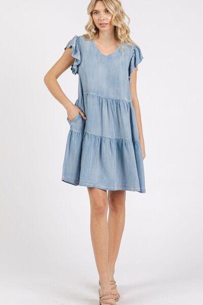 Mittoshop V-Neck Ruffled Cap Sleeve Mini Dress