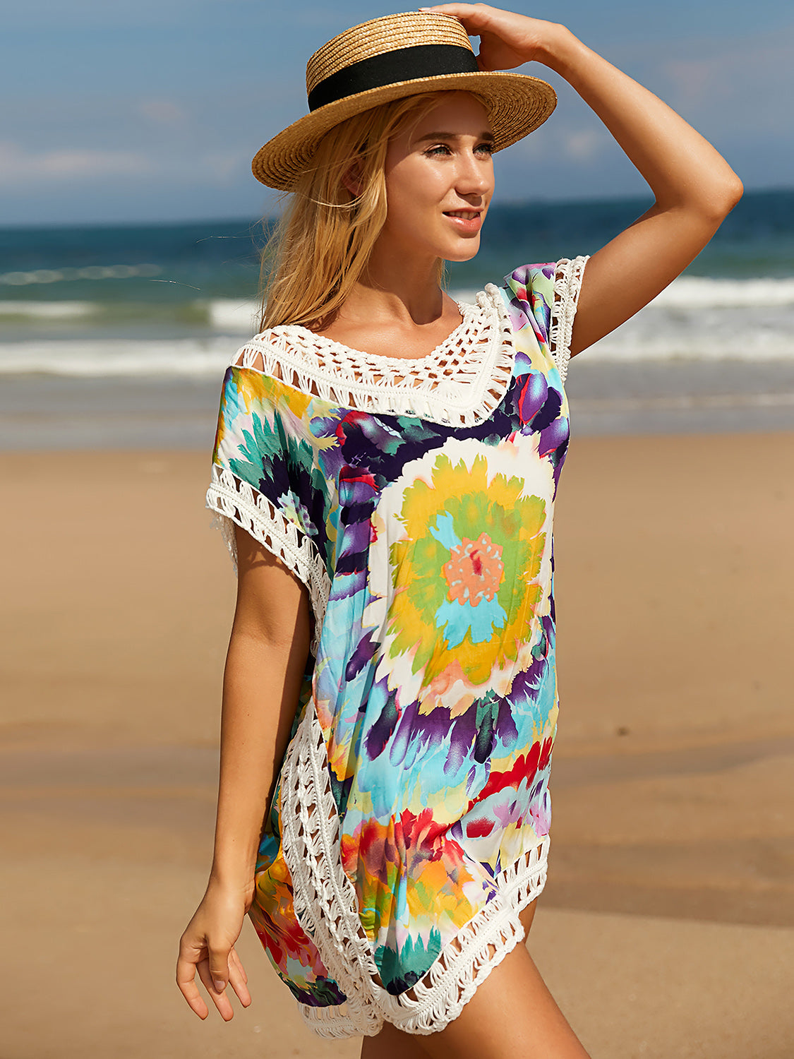 Openwork Printed Round Neck Cover Up  right side 